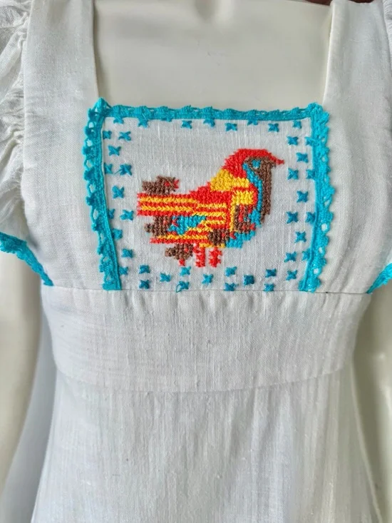 Vintage YOUNG EDWARDIAN DRESS Pinafore Ruffles Embroidered Birds 1970s Boho XS/S - Picture 3 of 11